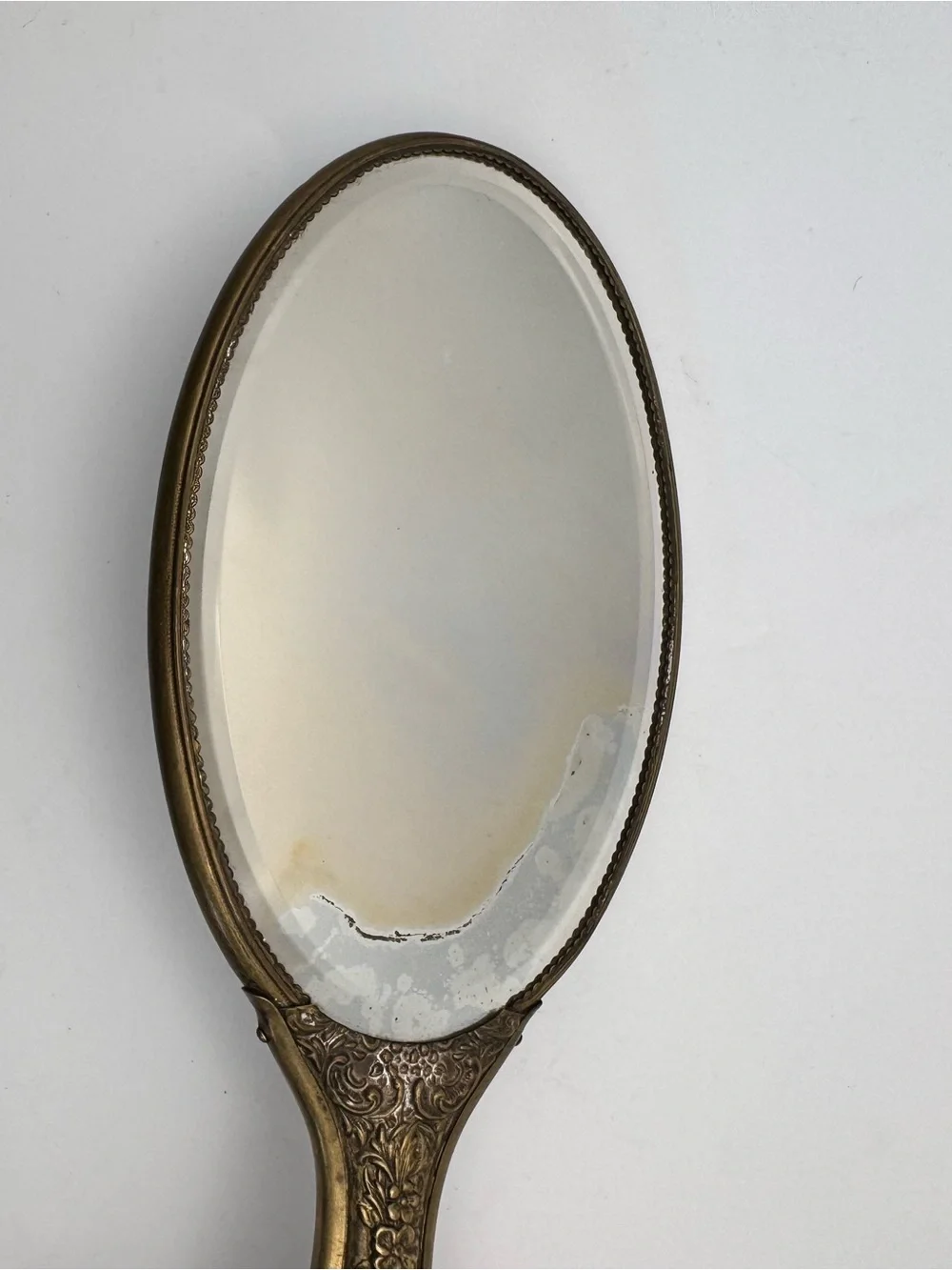 Vintage Porcelain Hand Painted Floral Brass Victorian Beveled Glass Hand Mirror